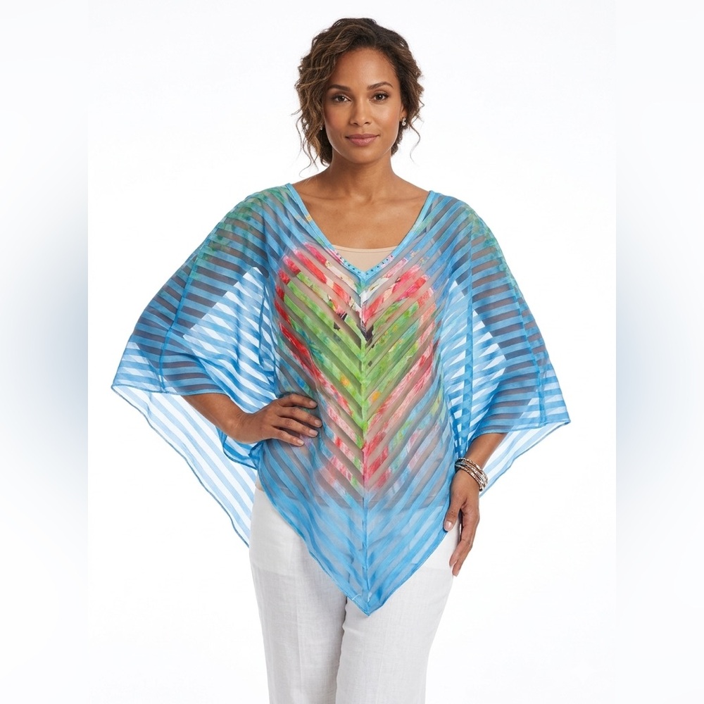 Leoma Lovegrove XXL Sheer Overlay Top Cape Tropical Parrot Rhinestone Accent